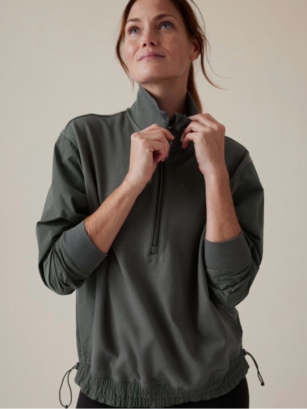 Athleta Green Triumph Hybrid Half Zip Sweatshirt Waist Cinch Athleisure